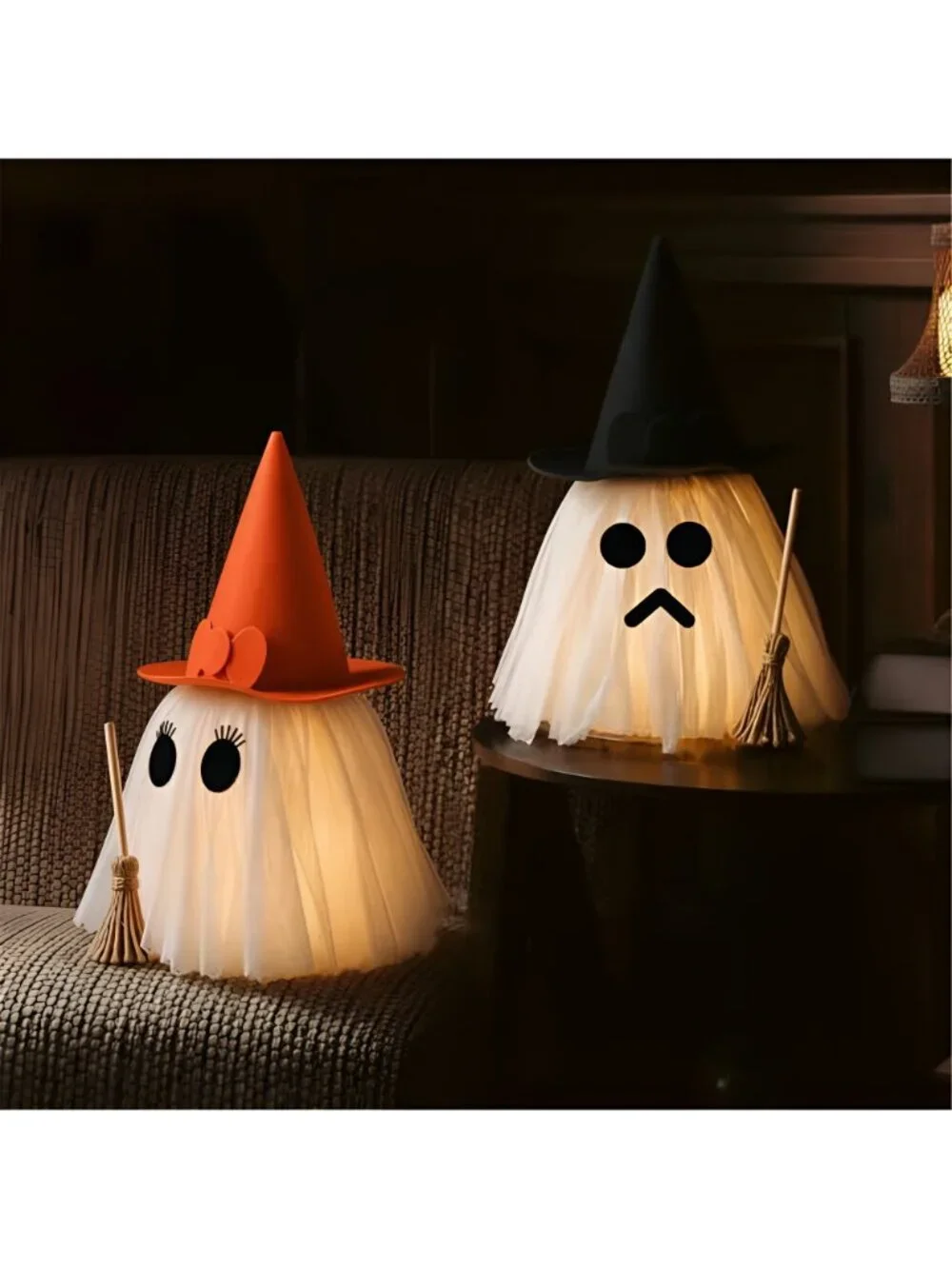 Halloween Decorations – Set of 2 Light-Up Ghosts with Witch Hats